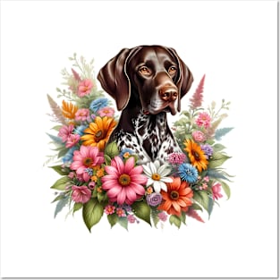 A German shorthaired pointer with beautiful colorful flowers Posters and Art